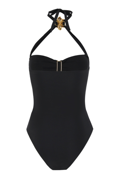 Metal Flower Decor Hollow Out One-Piece Swimsuit Mini Skirt Bikini Set-Black-Hayhty.All Rights Reserved.
