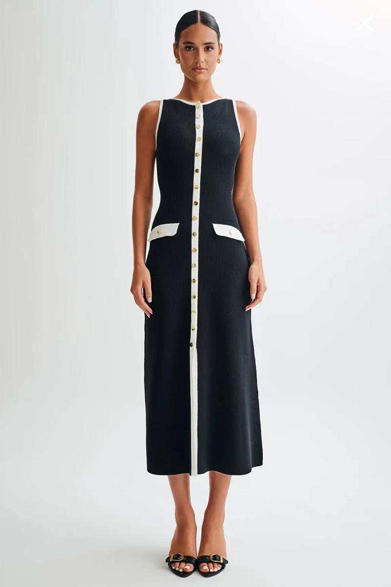 Colorblock Trim Round Neck Slim Fit Button Up Knit Midi Tank Dresses-Black-Hayhty.All Rights Reserved.