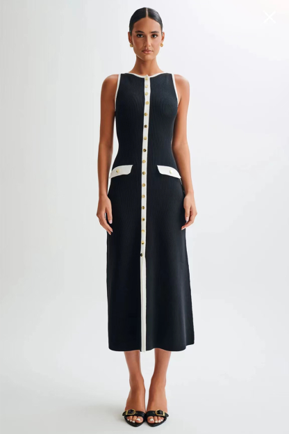 Colorblock Trim Round Neck Slim Fit Button Up Knit Midi Tank Dresses-Black-Hayhty.All Rights Reserved.
