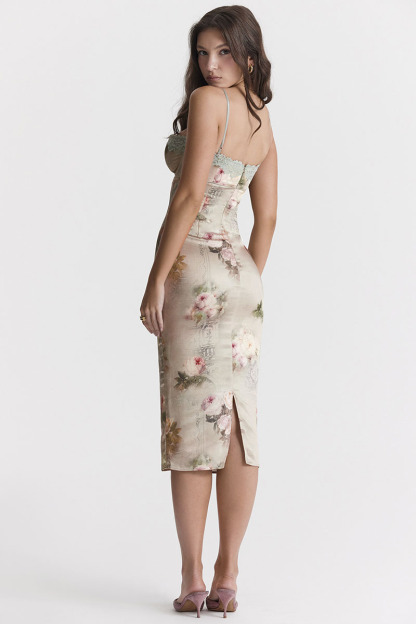 Floral Print Lace Trim Bustier Cocktail Party Cami Midi Dresses-Hayhty.All Rights Reserved.