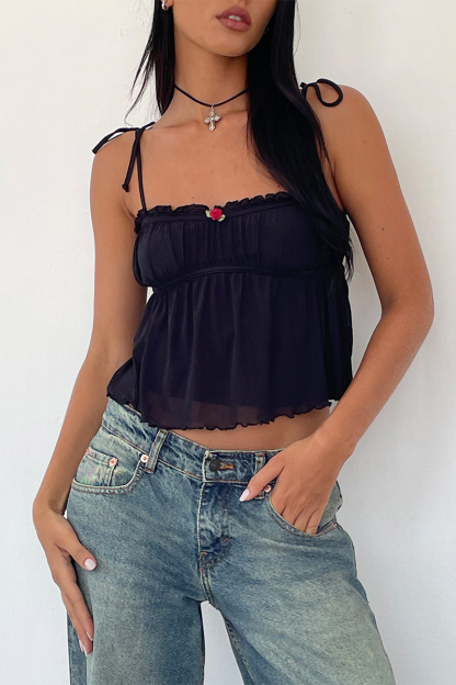 Tie Up Shoulder Straps Frilled A-Line Crop Top-Off White-Hayhty.All Rights Reserved.