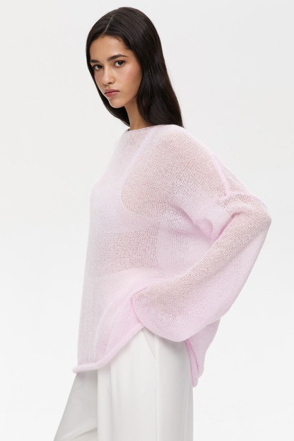 See Through Knit Flare Sleeve Loose Fit Solid Color Top-White-Hayhty.All Rights Reserved.