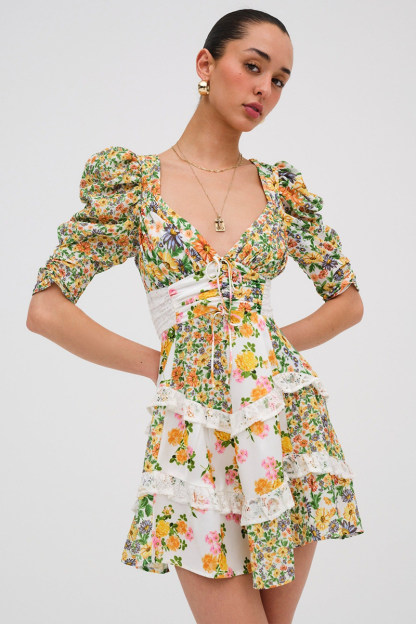 Floral Print V Neck Juliet Sleeve Lace Ruffled Trim A-Line Mini Dresses-Green-Hayhty.All Rights Reserved.
