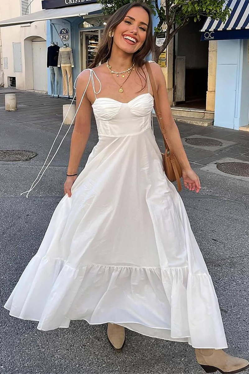 Tie Up Shoulder Straps Solid Color A-Line Flowy Maxi Dresses-White-Hayhty.All Rights Reserved.