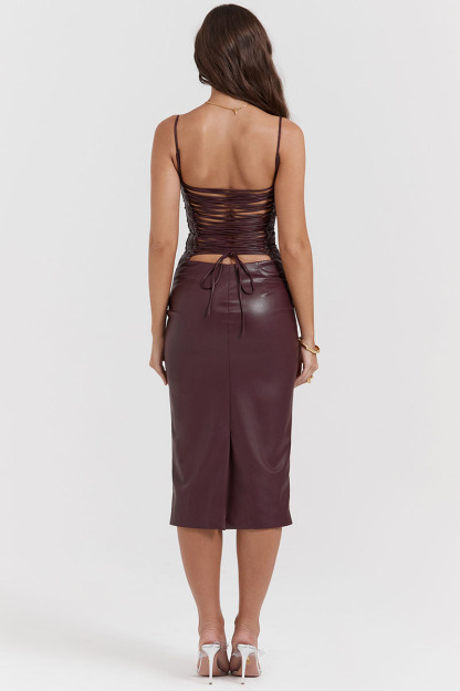 Lace Up Back Cocktail Party Leather Slip Midi Dresses-Hayhty.All Rights Reserved.