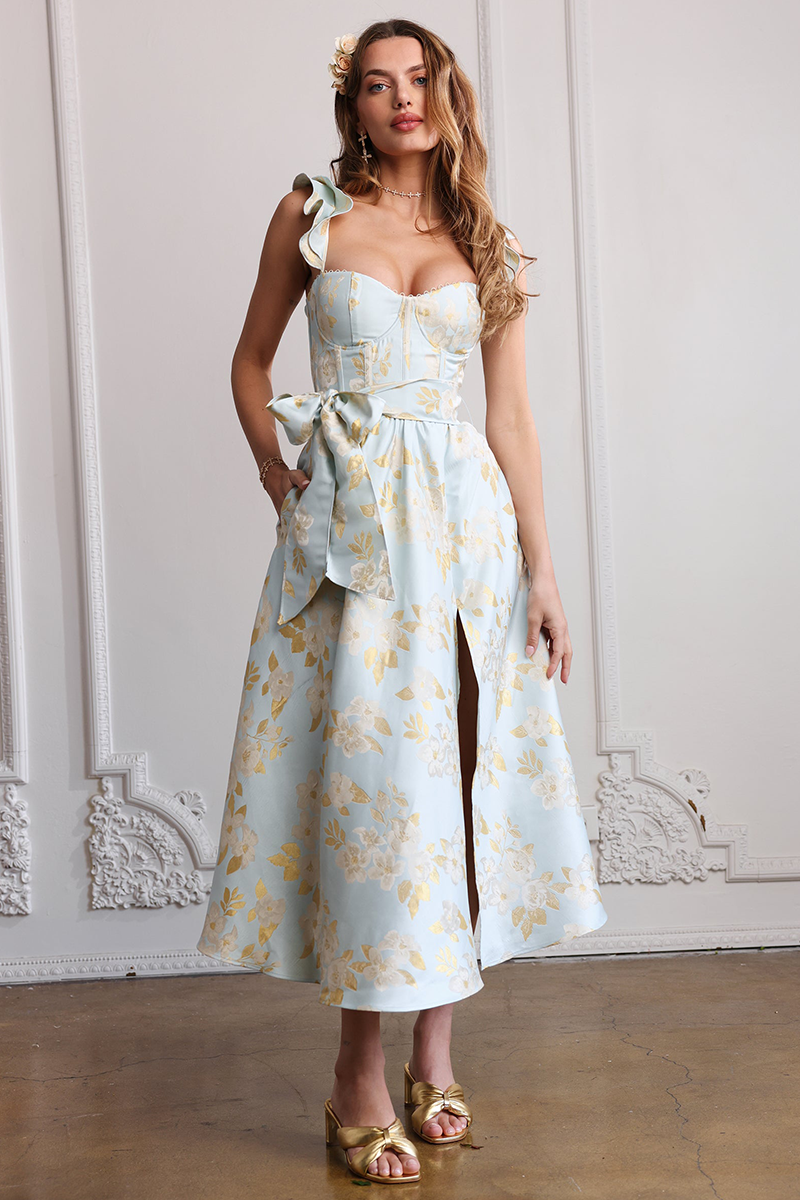 Floral Pattern Ruffled Strap Corset Tie Up Bow Slit A-Line Midi Dresses-Blue-Hayhty.All Rights Reserved.