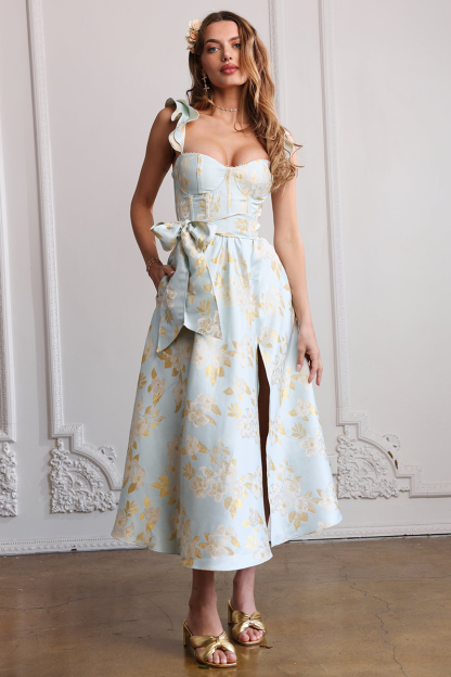 Floral Pattern Ruffled Strap Corset Tie Up Bow Slit A-Line Midi Dresses-Blue-Hayhty.All Rights Reserved.
