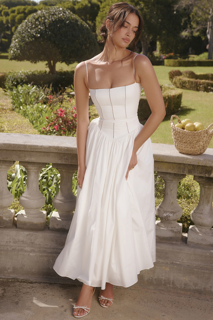 Spaghetti Strap Boat Neck Cinch Waist Pleated Hem Maxi Dresses-White-Hayhty.All Rights Reserved.
