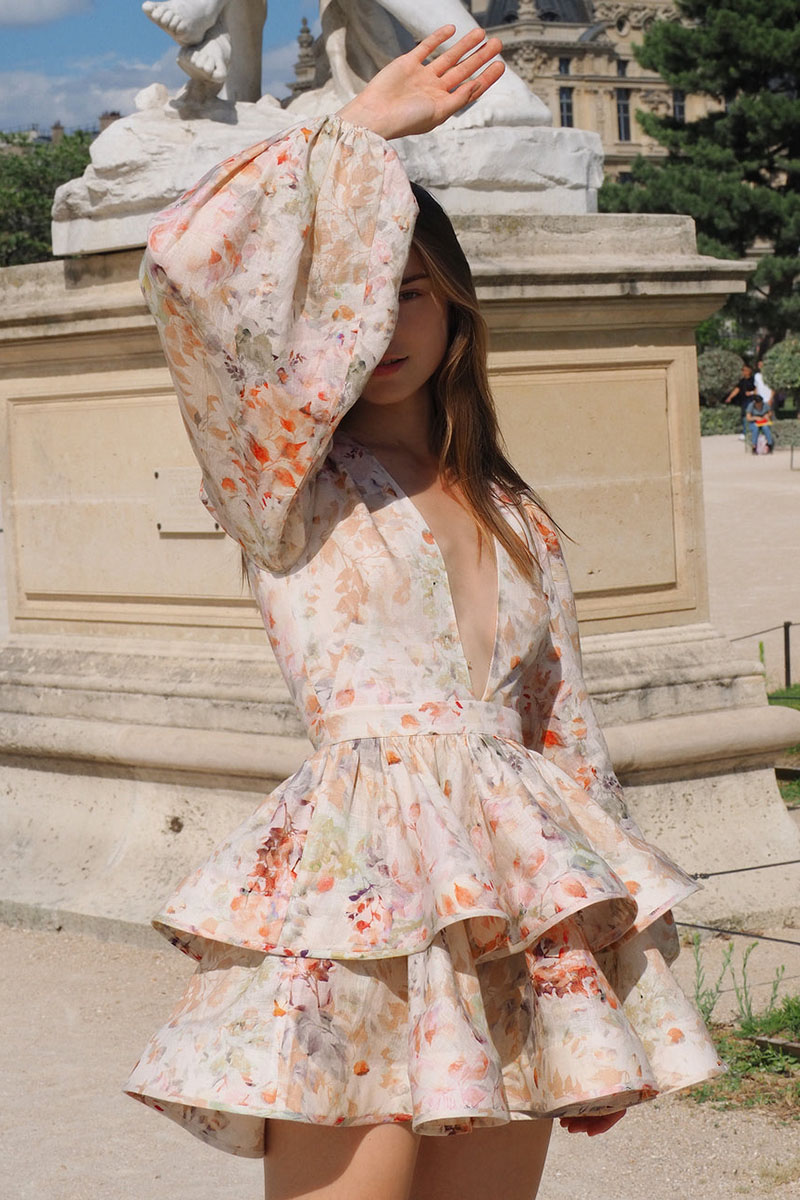 Floral Print V Neck Balloon Sleeve Party Ruffle Mini Dresses-Hayhty.All Rights Reserved.