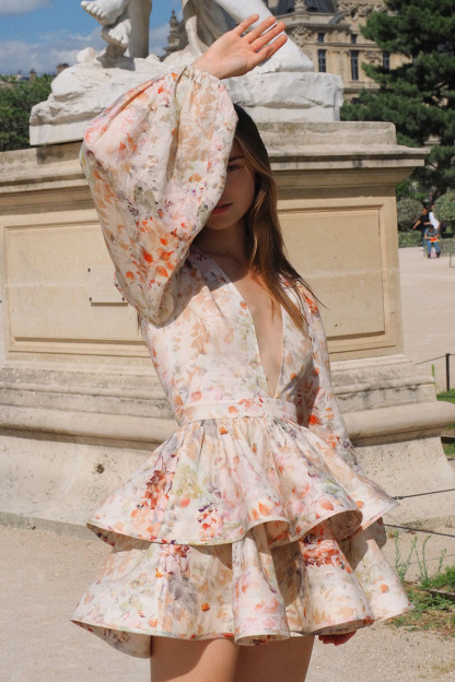 Floral Print V Neck Balloon Sleeve Party Ruffle Mini Dresses-Hayhty.All Rights Reserved.