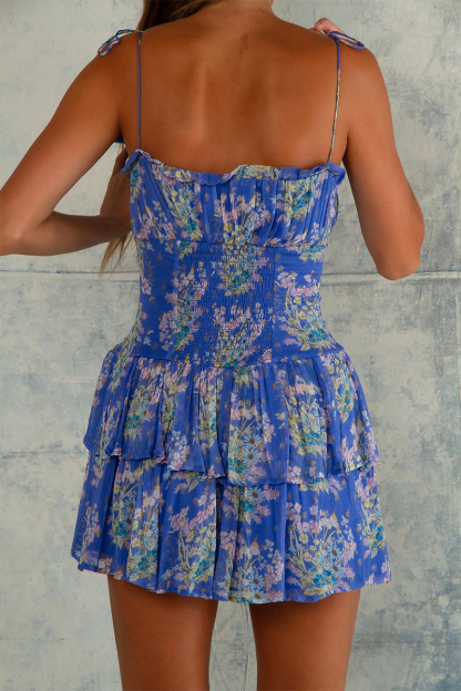Floral Print Spaghetti Strap Slim Fit Tiered Ruffled Mini Dresses-Blue-Hayhty.All Rights Reserved.