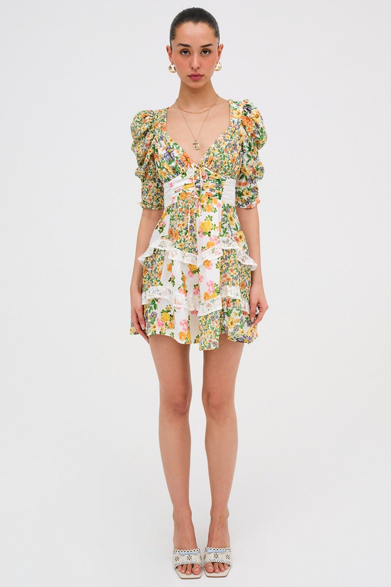 Floral Print V Neck Juliet Sleeve Lace Ruffled Trim A-Line Mini Dresses-Green-Hayhty.All Rights Reserved.