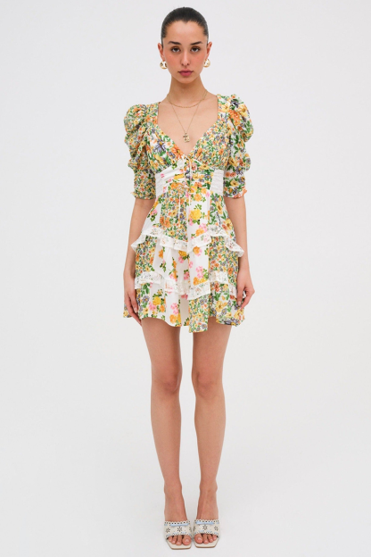 Floral Print V Neck Juliet Sleeve Lace Ruffled Trim A-Line Mini Dresses-Green-Hayhty.All Rights Reserved.