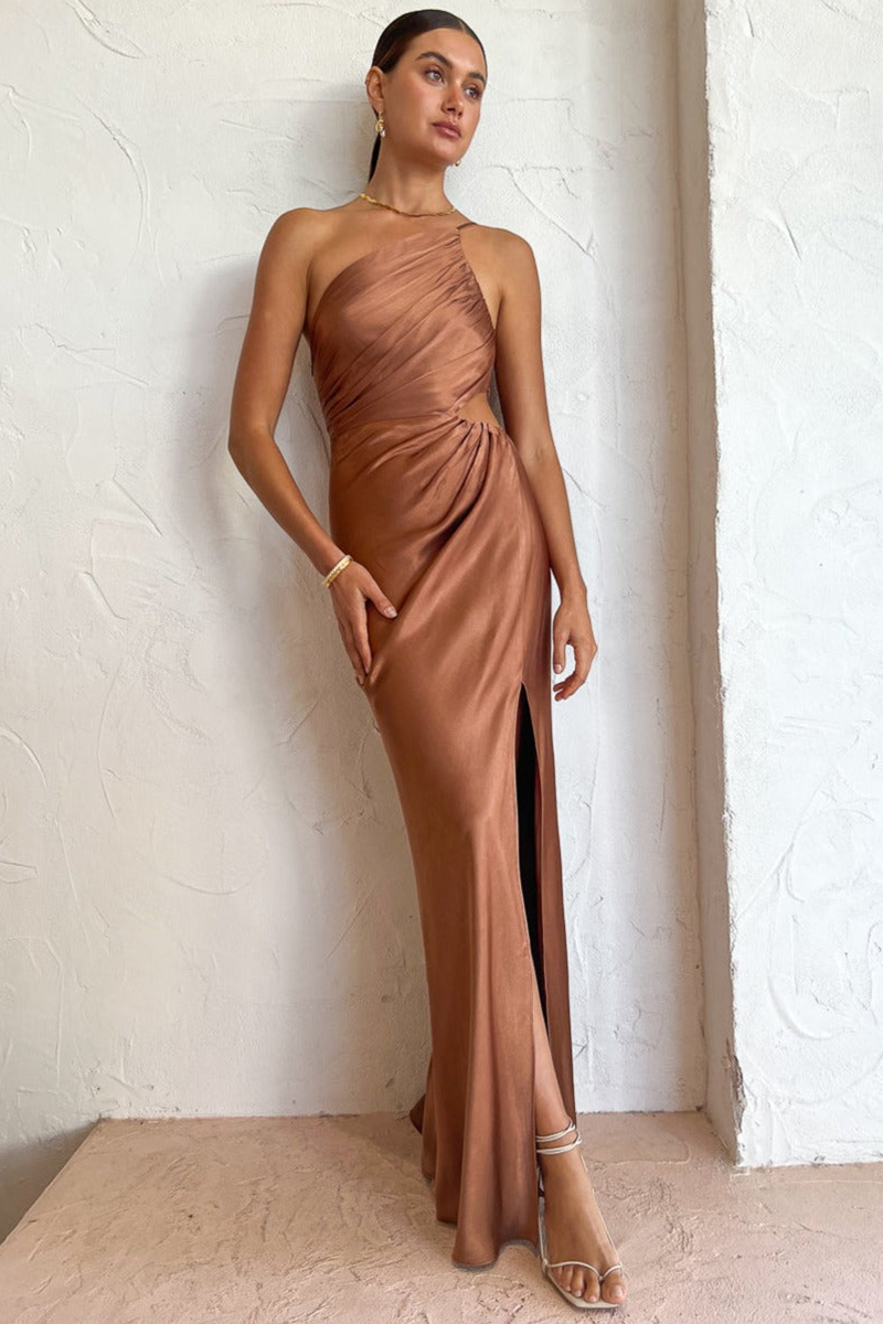 One Shoulder High Slit Ruched Evening Gown Cami Maxi Dress-Hayhty.All Rights Reserved.