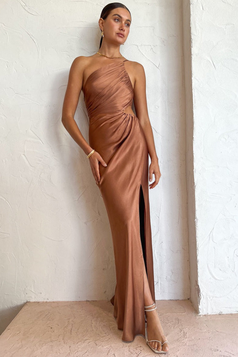 One Shoulder High Slit Ruched Evening Gown Cami Maxi Dress-Hayhty.All Rights Reserved.