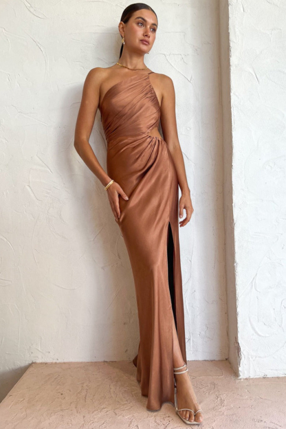 One Shoulder High Slit Ruched Evening Gown Cami Maxi Dress-Hayhty.All Rights Reserved.