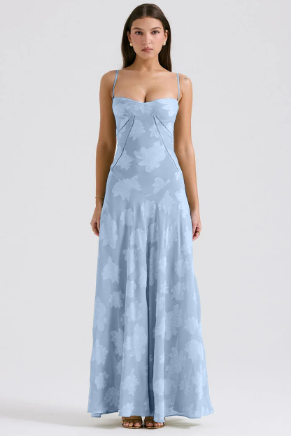 Elegant Floral Print Quilted Lace Up Back Formal Party Flowy Maxi Dresses-Green-Hayhty.All Rights Reserved.