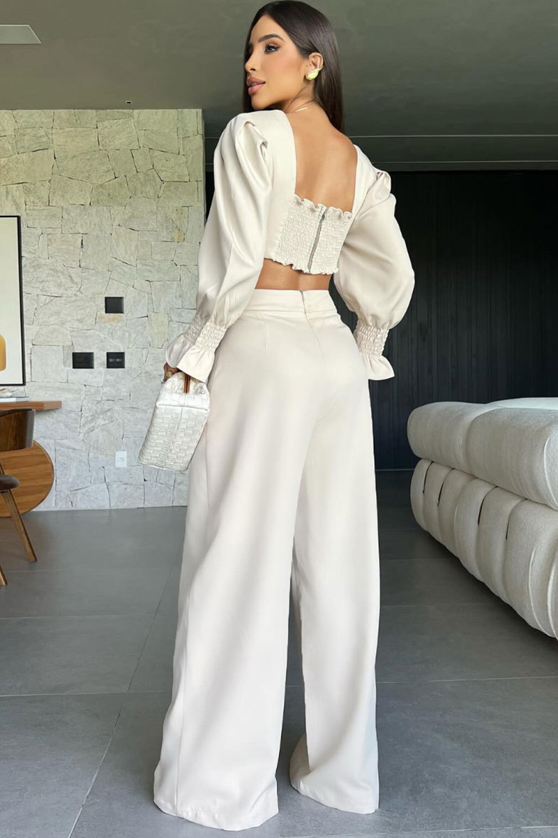 Floral Patchwork V Neck Crop Top High Waist Wide Leg Pants 2pcs Set-Beige-Hayhty.All Rights Reserved.