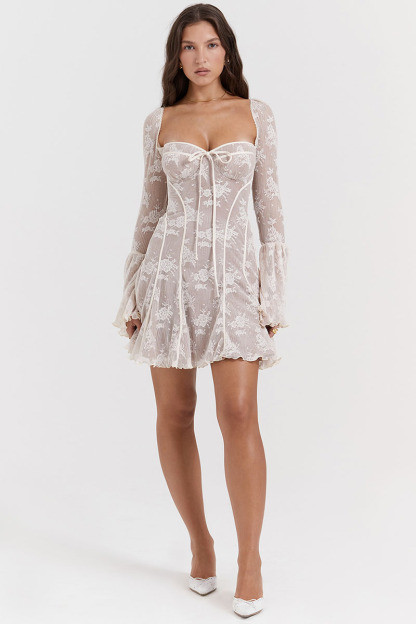 Lace Flared Sleeve Corset A-Line Ruffled Vacation Mini Dresses-Hayhty.All Rights Reserved.