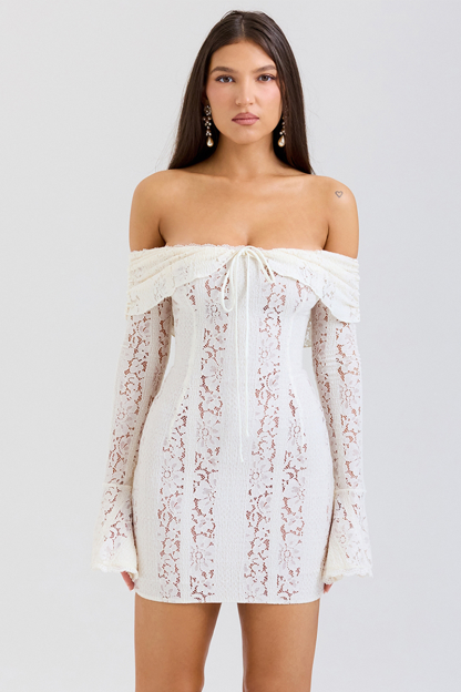 Off Shoulder Flare Sleeve Floral Lace Bodycon Mini Dresses-White-Hayhty.All Rights Reserved.