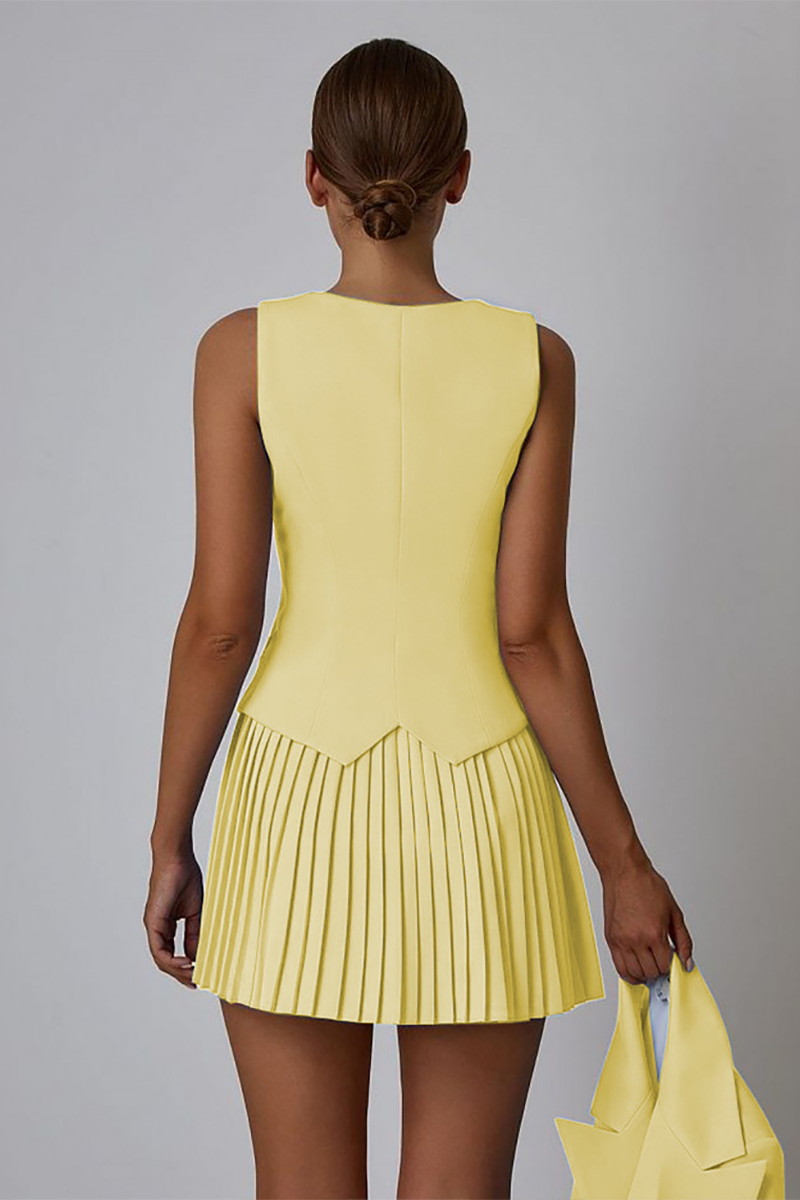 Deep V Neck Cinch Waist Waistcoat Pleated Mini Skirt Matching Set-Blue-Hayhty.All Rights Reserved.