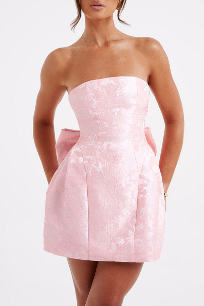 Jacquard Boat Neck A-Line Puffy Hem Back Bow Cocktail Party Mini Dresses-Pink-Hayhty.All Rights Reserved.
