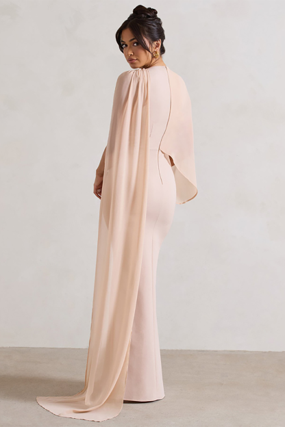 Mesh Patchwork Asymmetrical Caped Sleeve Bodycon Gowns Maxi Dresses-Beige-Hayhty.All Rights Reserved.