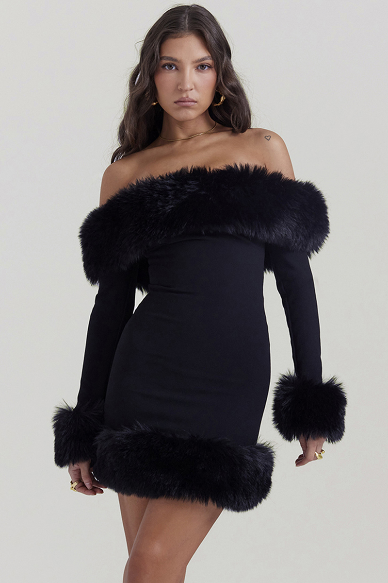 Off Shoulder Long Sleeve Faux Fur Cuff Trim Cocktail Party Bodycon Mini Dresses-Black-Hayhty.All Rights Reserved.