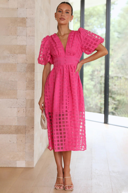 V Neck Lantern Short Sleeve Button Slit Mesh Plaid Vacation Midi Dress-Hayhty.All Rights Reserved.