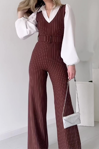 Striped Print Patchwork Lantern Sleeve Wide Leg Jumpsuit-Navy-Hayhty.All Rights Reserved.