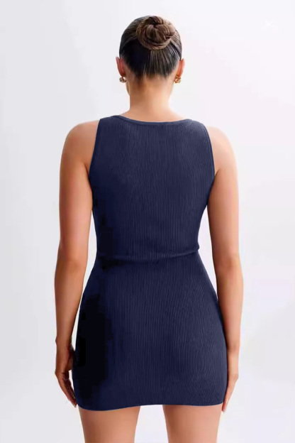 Round Neck Button Up Bodycon Knit Mini Tank Dresses-Navy-Hayhty.All Rights Reserved.