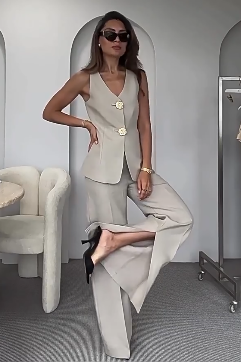 Metal Button Up V Neck Vest Slit Wide Leg Pants Matching Set-Grey-Hayhty.All Rights Reserved.