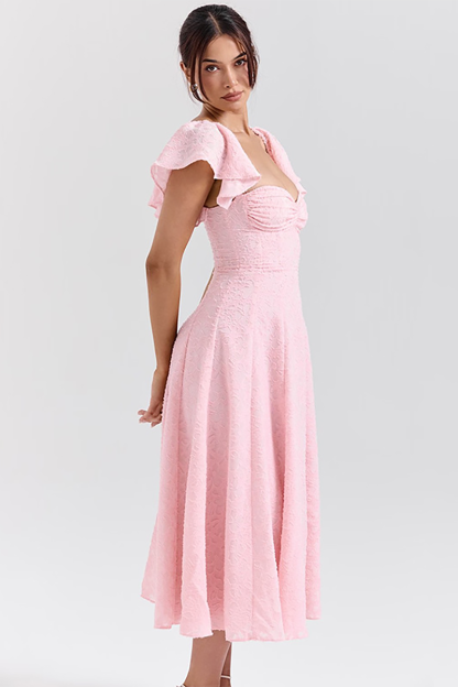 Flutter Sleeve Sweetheart Neckline A-Line Jacquard Midi Dresses-Pink-Hayhty.All Rights Reserved.
