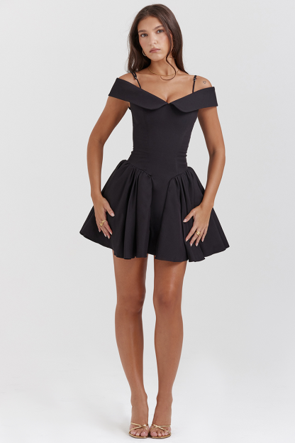 Cold Shoulder Corset A-Line Pleated Hem Cocktail Party Slip Mini Dresses-Black-Hayhty.All Rights Reserved.