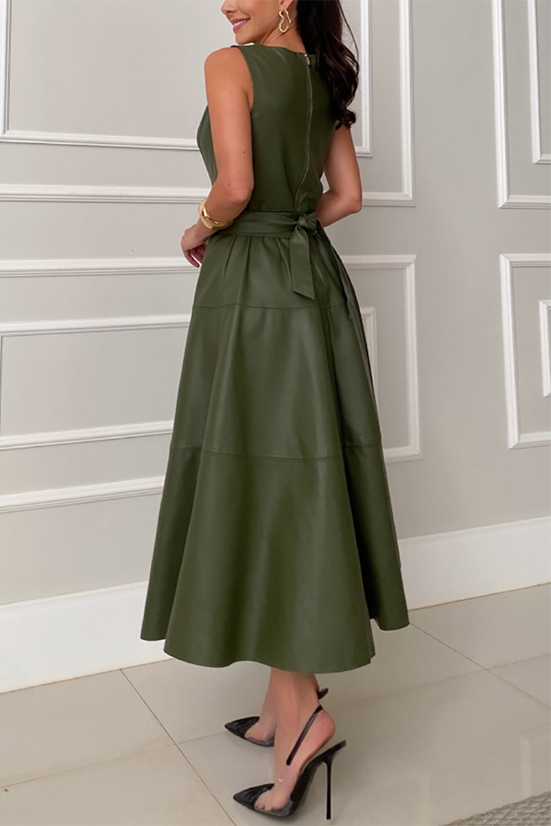 Faux Leather Solid Color A-Line Midi Tank Dresses-Green-Hayhty.All Rights Reserved.