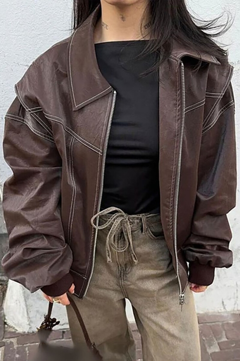 Sewing Trim Turndown Collar Long Sleeve PU Leather Loose Fit Jacket-Brown-Hayhty.All Rights Reserved.