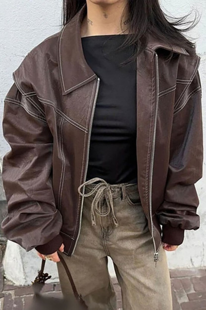 Sewing Trim Turndown Collar Long Sleeve PU Leather Loose Fit Jacket-Brown-Hayhty.All Rights Reserved.