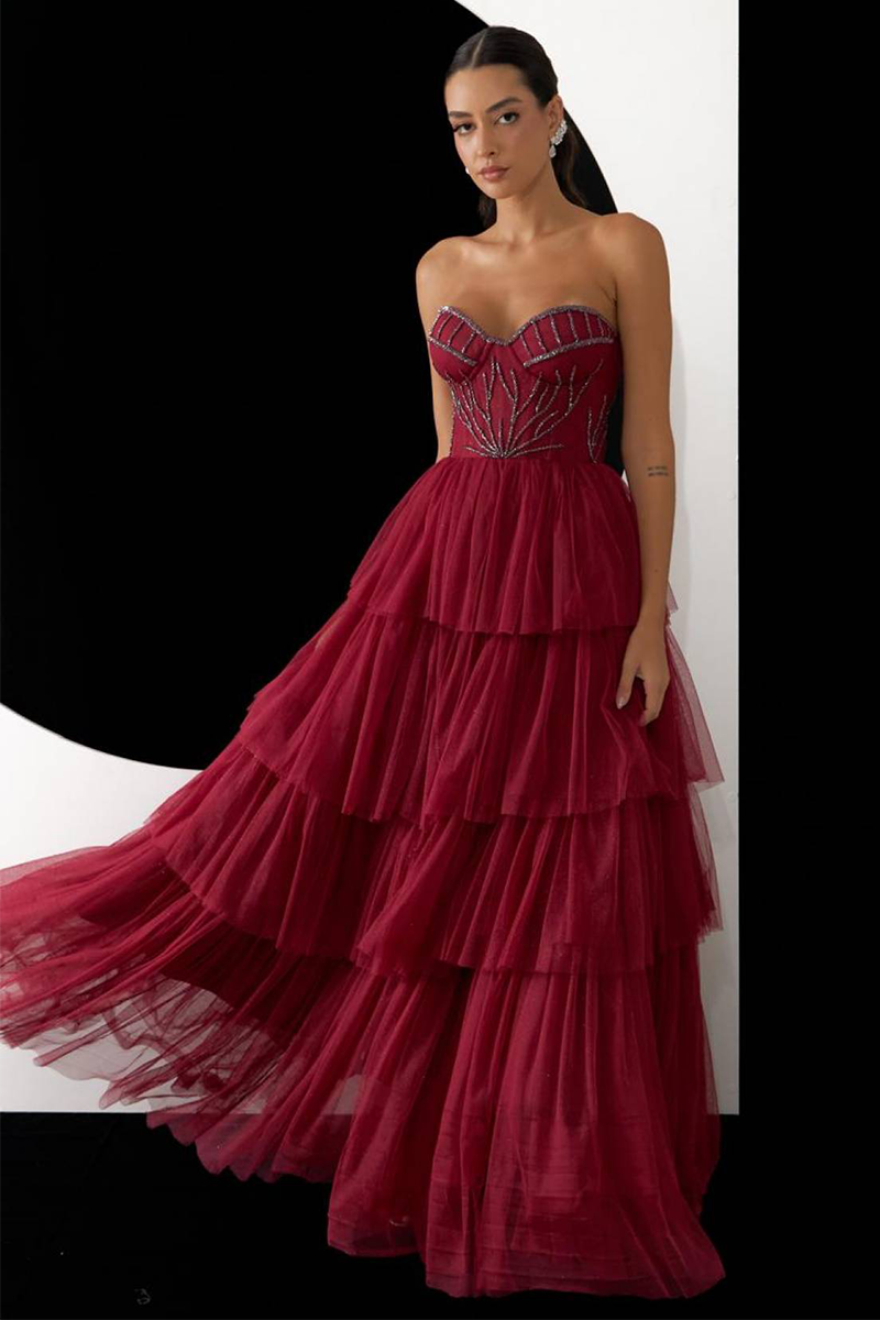 Embroidery Strapless Tiered Hem Tulle Gowns Maxi Dresses-Burgundy-Hayhty.All Rights Reserved.