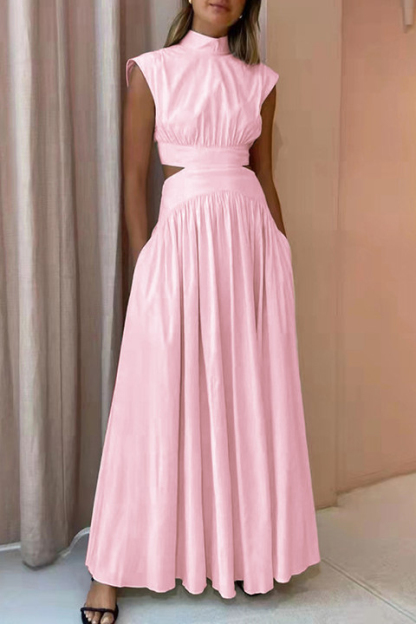 Stand Collar Sleeveless Open Waist Dress Maxi Dresses-Hayhty.All Rights Reserved.