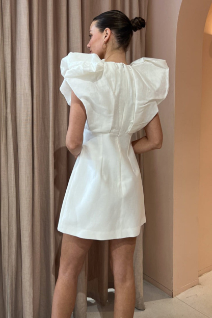Deep V Neck Ruffle Short Sleeve Slim Satin Birthday Party White Mini Dresses-Hayhty.All Rights Reserved.