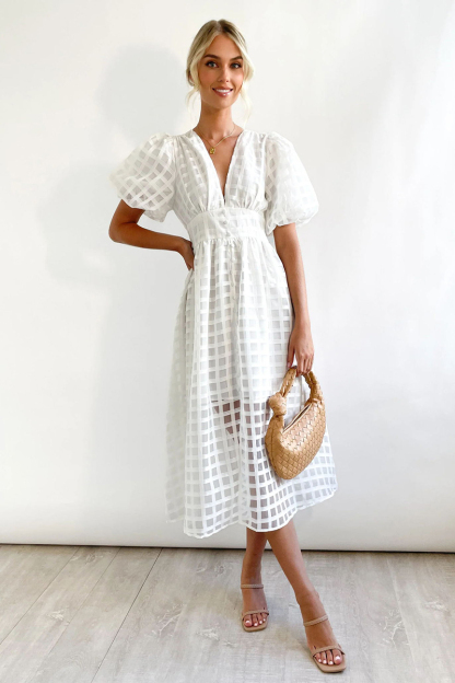 V Neck Lantern Short Sleeve Button Slit Mesh Plaid Vacation Midi Dress-Hayhty.All Rights Reserved.