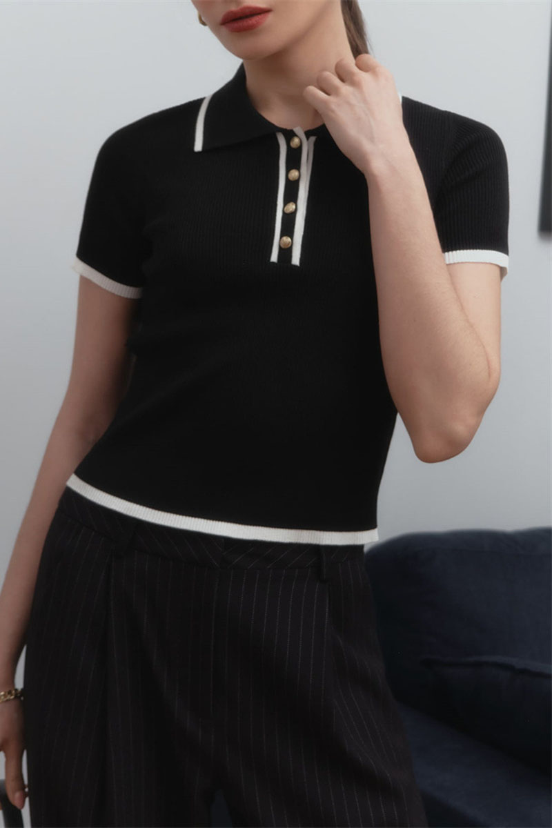 Short Sleeve Turndown Collar Half Button-Up Colorblock Trim Knit Top-White-Hayhty.All Rights Reserved.