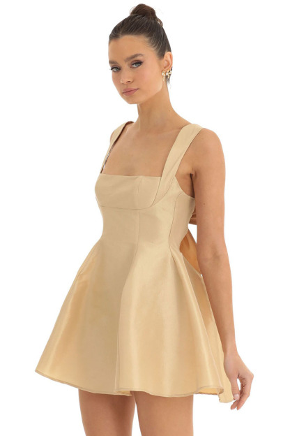 Square Neck Straps White Bow Knotted Cutout Backless A-line Satin Mini Dresses-Hayhty.All Rights Reserved.