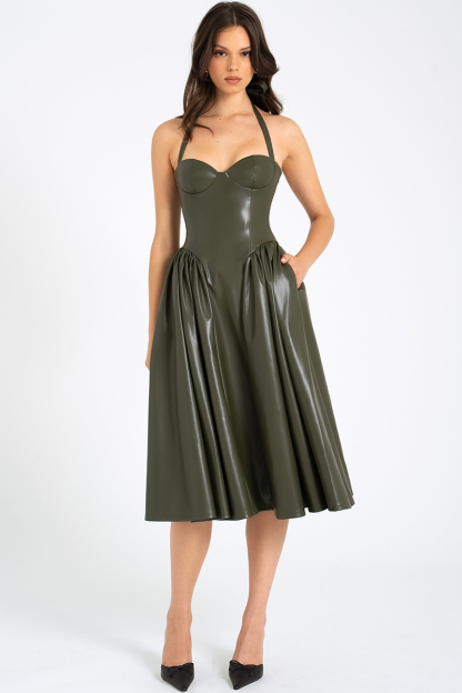 Halter Neck Corset Design Pleated Vegan Leather Midi Dresses-Olive-Hayhty.All Rights Reserved.