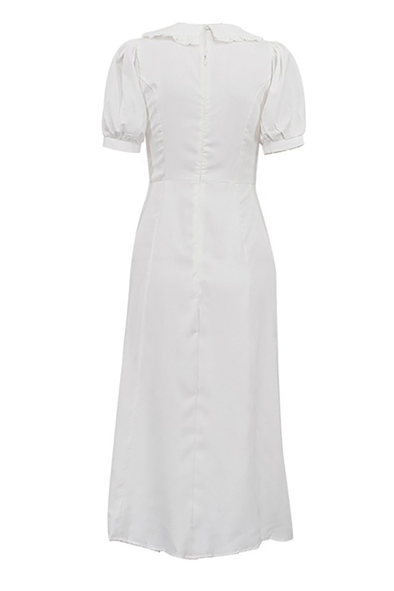 Doll Collar Front Tie Up Puff Sleeve A-Line Midi Dresses-White-Hayhty.All Rights Reserved.
