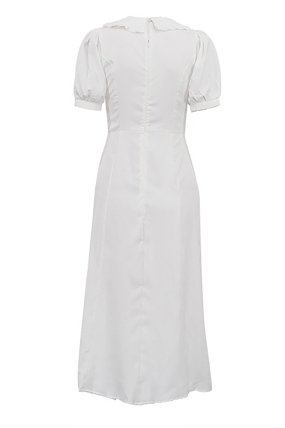 Doll Collar Front Tie Up Puff Sleeve A-Line Midi Dresses-White-Hayhty.All Rights Reserved.
