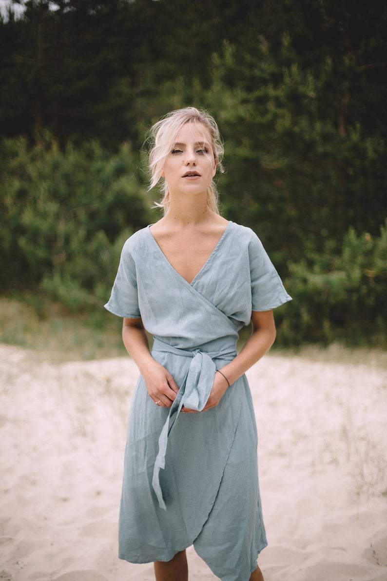 Wrap Linen Midi Dress-Hayhty.All Rights Reserved.