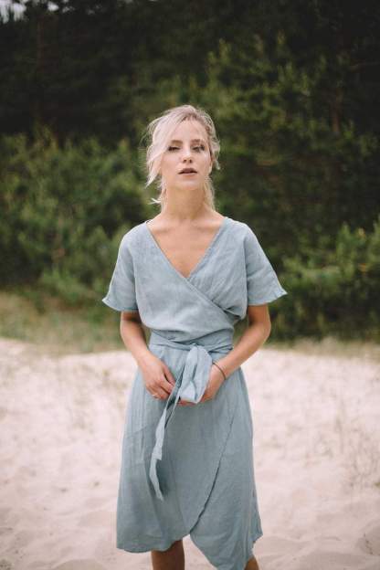 Wrap Linen Midi Dress-Hayhty.All Rights Reserved.