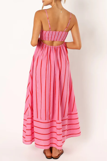 Boat Neck Spaghetti Strap A-Line Backless Striped Print Maxi Dresses-Pink-Hayhty.All Rights Reserved.