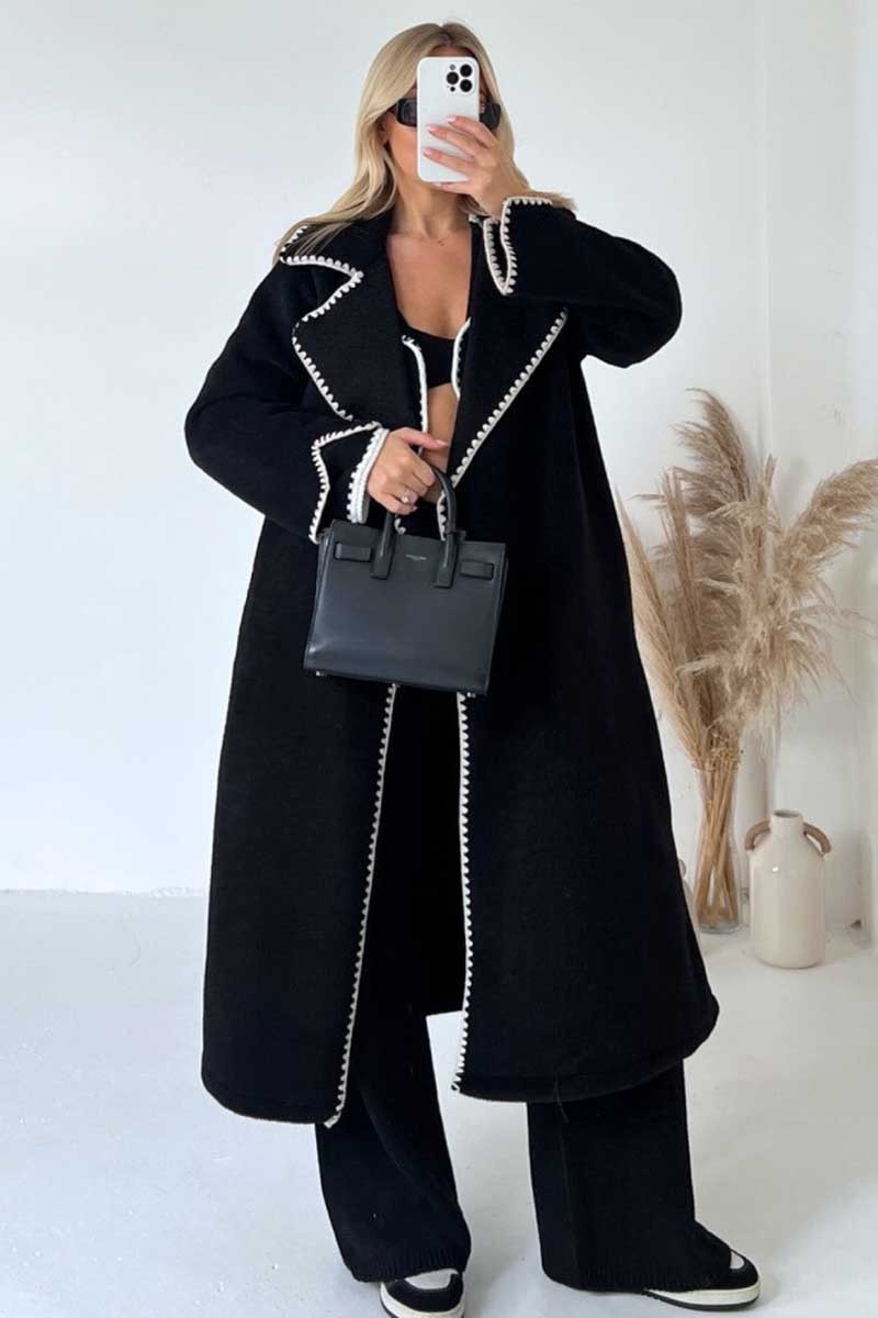 Wavy Edge Lapel Collar Long Sleeve Loose Fit Woolen Coat-Black-Hayhty.All Rights Reserved.